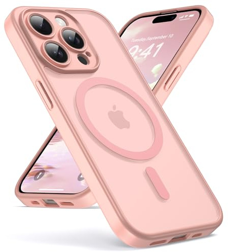 Oududianzi-Hülle für iPhone 15 Pro Max Kompatibel mit Magsafe Handyhülle, Durchscheinende Mattierte PC Rückseite TPU Bumper Silikon Schutzhülle, Kameraschutz Transluzente Matt Kratzfest Stoßfest-Rosa