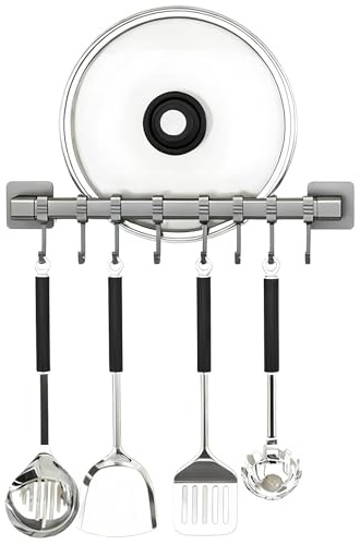 40 cm Wall Mounted Utensil Holder with 8 Movable Hooks, Kitchen Hook Bar, Kitchen Hook Rail without Drilling for Hanging Pots, Pans, Kitchen Utensils Holder