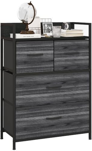 HOMCOM Kommode aus Stoff mit 4 Schubladen Stahlgestell Schwarz | Aufbewahrungsschrank, Ablage, Kommodenschrank, Schrank, für Schlafzimmer, Wohnzimmer