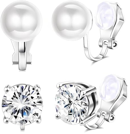 2 Paare Ohrclips Clip Damen Ohne Ohrlöcher Ohrringe Silber Clip Ohrringe Set Hypoallergen Tropfen Chunky Statement Perle Stein Runde Ohrringe Clips Kein Piercing Gefälschte