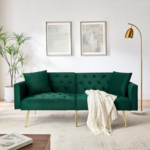 A ALFRESCOOL Sofa 2 Sitzer, Sofa mit Schlaffunktion, Schlafsofa, 3-stufige Verstellbare Rückenlehne, 2 Kissen, Stabile Metallbeine, für Schlafzimmer, Wohnzimmer, Wohnung, 177×78×74cm (Grün+Samt)