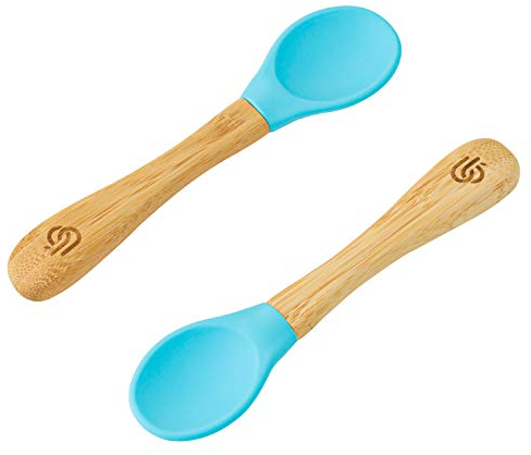 bamboo bamboo ® Cucharas De Destete Para Bebé, Set De 2 | Bambú Con Puntas De Silicona Suave | Mangos Ergonómicos De Fácil Agarre | Libre De BPA (Set De 2, Azul)