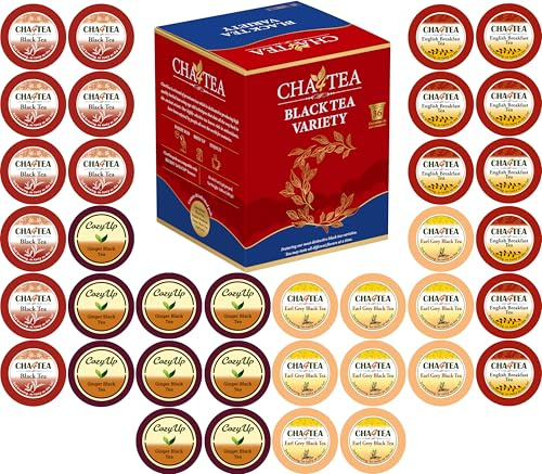Cha4TEA - 36 Piece Black Tea Set for Keurig K-Cup Coffee Machines (Black Tea, English Breakfast, Black Tea with Ginger, Earl Grey)