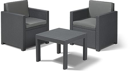 Allibert Lounge Set in Rattanoptik, Victoria Balkon, Grau, 3-teiliges Kunststoff Lounge Set, robuste Lounge Balkonmöbel