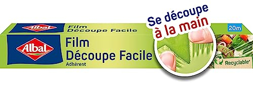 Albal Film Corte Fácil, Papel Film Cocina, Muy resistente, Muy Adherente, Corte a Mano, Fácil de Desenrollar, Envase Higiénico, Transparente, 20 m