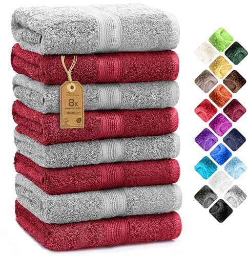 NatureMark 8er Pack Handtücher, 100% Baumwolle, 50 x 100 cm, Handtuch Set Silber/Bordeaux