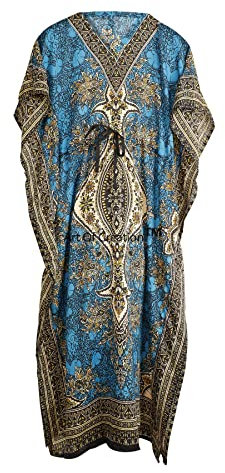 Art Of Creation Women's Kaftan Dress Maxi Night Gown Beachwear Cover Up Long Top Plus Size Kimono Tunic Color-Teal Blue