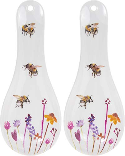 Set of 2 x Melamine Plastic Tea/Table Spoon Rests - Bumble Bee Floral Pattern