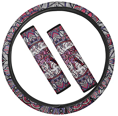 NETILGEN Lenkradbezug im Boho-Stil, Elefantenmuster, Auto-Sicherheitsgurt-Bezug-Set für Damen, modisches Geschenk, universeller Lenkradschutz, 36,7-39,9 cm, weiche Schulterpolster für die Fahrzeuge