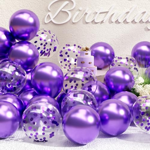 SUWEN 47 Pezzi Viola Metallico Palloncini Confetti Set | Palloncino Brillante Latex Elio Viola Scuro per Anniversario Diploma Jubileo Festa Decorazioni
