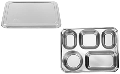 BESTonZON Platos de acero inoxidable con 5 compartimentos, bandeja para menú, bandeja de menú, plato separador, bandeja de comida con tapa para la escuela, bufet o almuerzo