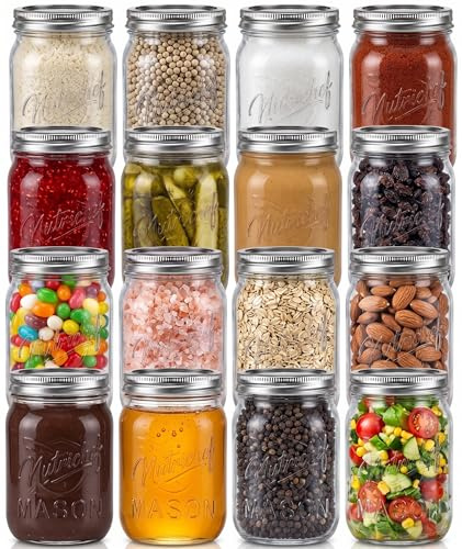 NutriChef Glass Jars With Lids – 16 Pack 450 ml Mason Jars, Thick Glass Leakproof Storage for Overnight Oats, Yogurt, Jam, Honey, Pickling and Food Prep