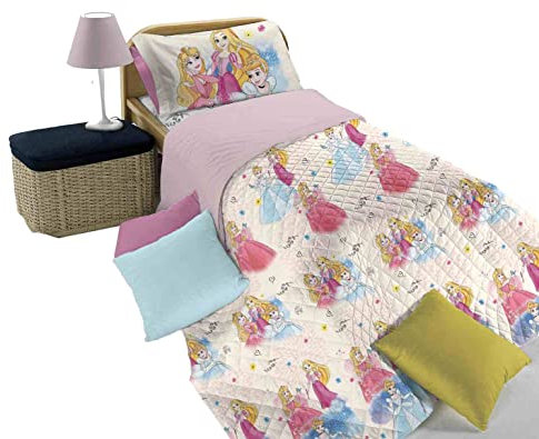 hermet Princess, Steppdecke für Einzelbett, 170 x 270 cm, leichte Frühlings-Steppdecke, gefüttert, 100% Baumwolle, offizielles Disney-Produkt