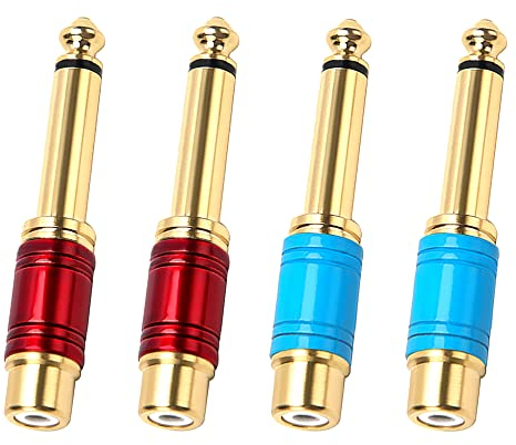 KUOQIY 4 Stücke 6.35mm (1/4 Zoll) Stecker Mono TS auf RCA Cinch Buchse Interconnect Audio Adapter, Cinch auf 1/4 Audioadapter, Rot & Blau
