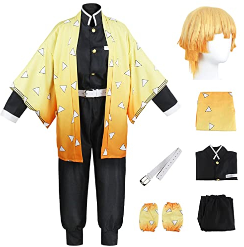 YEAJION Agatsuma Zenitsu Cosplay Kostüm mit Perücke Demon Slayer Kostüm Anime Cosplay Kostüm Kimetsu no Yaiba Kimono Set Halloween Karneval Party Bühnenauftritt Kostüm Erwachsene Damen Herren