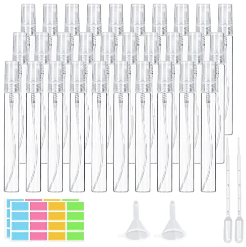 suruikei 30 Stück 10ml Parfümzerstäuber Glas, Mini Sprühflasche klein Zerstäuber Nachfüllbar mit Trichter Pipetten und Etikettenaufkleber, Parfüm Zerstäuber für Unterwegs (30 x 10ml, Transparent)