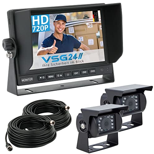 VSG24 Rückfahrkamera 7 Starter LKW-Set inkl. 2 Kameras mit HD-Auflösung RVS-24503, Monitor, Kabel & Fernbedienung – Wasserdicht Nachtsicht 12V-24V / Robustes Rückfahrsystem