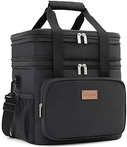 Lifewit Bolsa Térmica de Almuerzo Unisex, Bolsa Isotérmica Doble Compartimento, Bolsa Térmica Porta Alimentos Grande, Fiambrera Antifugas con Correa, Trabajo/Viajes, 21L/30 Latas, Negro