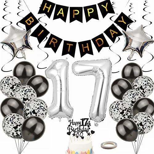 Yunchu Online Luftballon 17. Geburtstag Dekoration 17 Jahr Junge Mädchen Black and Silber Party Deko 17. Geburtstag Junge Party Deko Ballon