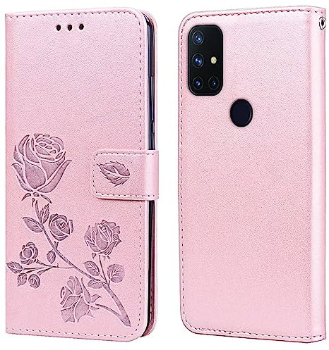 RankOne Leder Geldbörsen Hülle für OnePlus N10 (6.49 Inches), mit Kartenhalter Rose Pattern Design Cover Folio Flip Case - Roségold