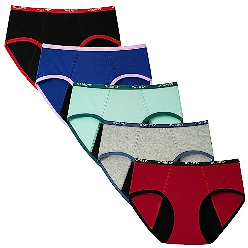 INNERSY Periodenunterschwäsche Mädchen Baumwolle Teenager Unterhosen Menstruation Slips Mehrpack 5 (12-14 Jahre, Blau/Grau/Rot/Schwarz/Grün)
