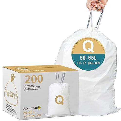 Reliable1st Code Q 200 Count Heavy Duty Trash Bags with Reinforced Drawstring for 13-17 Gallon/40-65 Liter Compatible with simplehuman Code Q | Tear & Leak Resistant Garbage Liners