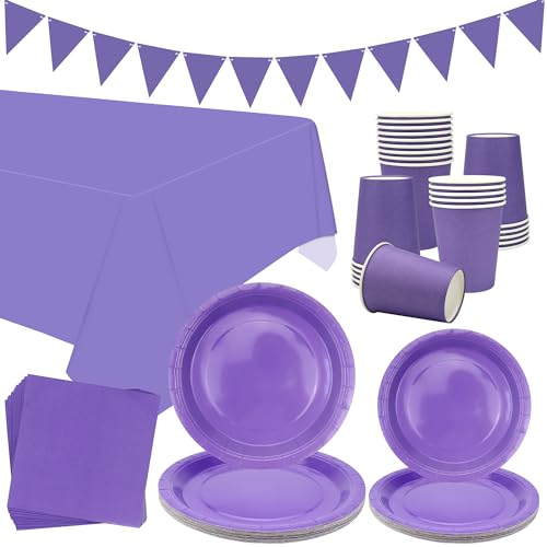 LSJDEER Purple Party Tableware - Serves 20, Pastel Decoration Dinnerware Includes Plates, Cups, Napkins, Banner, Tablecloth for Wedding, Birthday, Baby Shower