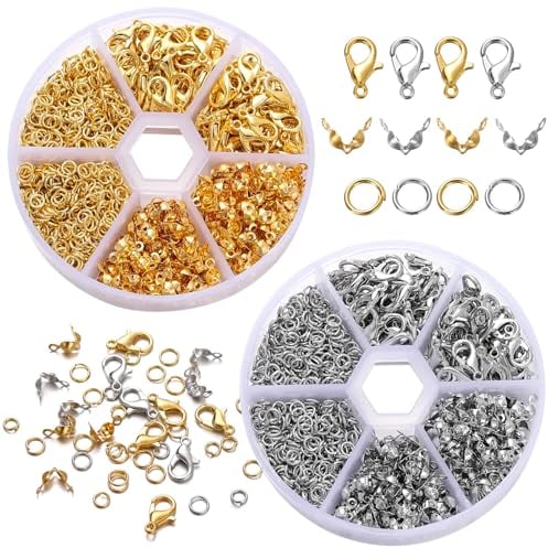 Bikasun 1140 Pieces Jewellery Clasps Set, 2 Colours Lobster Clasps for Jewelry Making, Jump Rings Connectors with Plastic Case, Closures Clasps for Necklace Bracelet Anklets Making, Gold and Silver
