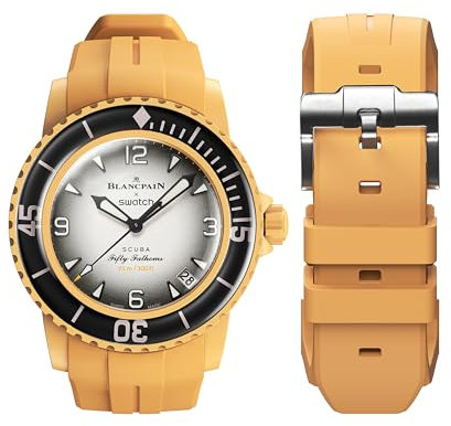 BONACE Armband für Blancpain Swatch,gebogenes,weiches Gummi,Ersatzband für Swatch Blancpain Fifty Fathoms,22 mm Schnellverschluss-Armband für Blancpain x Swatch Herren Damen (Gelb)