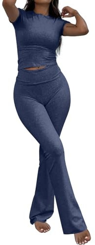 Chanpning Damen Skims Dupe Slim Fit 2 Stück Set Langarm Crop Top und Low Rise Flare Pants Yoga Trainingsanzug Lounge Set