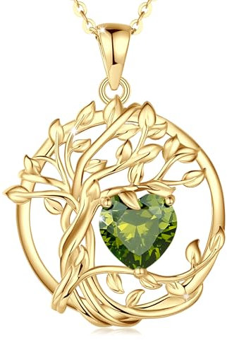 FANCIME Tree of Life Collier arbre de vie en argent sterling plaqué or jaune avec pendentif en pierre de naissance, bijou d'anniversaire, cadeau de Noël pour femme, maman, péridot
