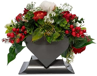 PAFEN Premium Grabschmuck aus Kunstblumen - 30 x 32 x 21 cm - Grabgesteck Rot weißer Strauß Grabherz Grabdekoration Grableger Grabstein Dekorationen Blumen für Grab