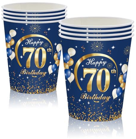 MORAINJAY 16 Pièces Gobelets en Papier pour Fête Anniversaire 70 ans,Bleu Or Papier Tasse pour Décoration Anniversaire 70 ans Homme Femme