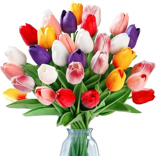 Sggvecsy Künstliche Tulpen, fühlen sich echt an, PU-Kunstblumen, Tulpenstiele für Hochzeit, Frühlingsstrauß, Blumenarrangement, Party, Zuhause, Büro, Dekorationen für Muttertag (mehrfarbig), 30 Stück