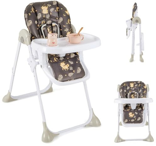 GOPLUS Baby Hochstuhl, Klappbarer Kinderhochstuhl mit abnehmbares Tablett, Ergonomische Rückenlehne, 5-Punkt-Gurt & Rader, Fütterungsstuhl für Kinder von 6-36 Monaten, Belastbarkeit bis 15 kg (Braun)