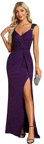 Ever-Pretty Robe de Soirée Femme Longue Moulante Fendu Col V Plis Bandoulière à Sequins Haute Élasticité Voilet Foncé 50