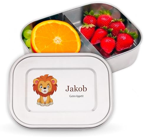 LAUBLUST Personalisierte Brotdose für Kinder mit Fächern aus Edelstahl | Löwe - ca. 800 ml & ca. 1400 ml Jausenbox | Lunchbox für Mädchen & Jungen - Bento Box für Schule und Kindergarten auslaufsicher