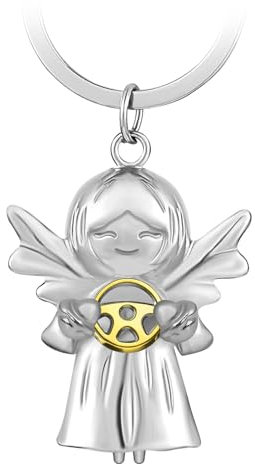 Porte Clés Ange Gardien Tenant Le Volant Pendentif Porte Bonheur en Métal Conduisez Prudemment Porte Clef Ange Cadeau Bonne Chance Décoration Suspendue Voiture pour Conducteurs Famille Amis - Or
