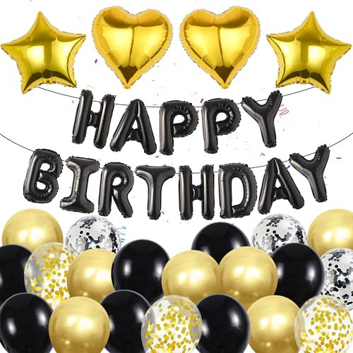 Geburtstag Dekoration Luftballons Jungen Mädchen - 37 Stücke Schwarz Gold Happy Birthday Folienballons Banner Helium Ballon Girlande Geburtstagsdeko für Frauen Mann Erwachsene Kinder Party Deko