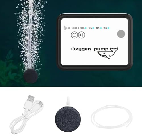 Editbar Pompe à air d'aquarium - Rechargeable par USB - 3 niveaux de contrôle du flux d'air - Étanchéité IPX7 - Silencieuse - Avec tuyau d'air et pierre à air - Idéal pour la pêche en plein air et les