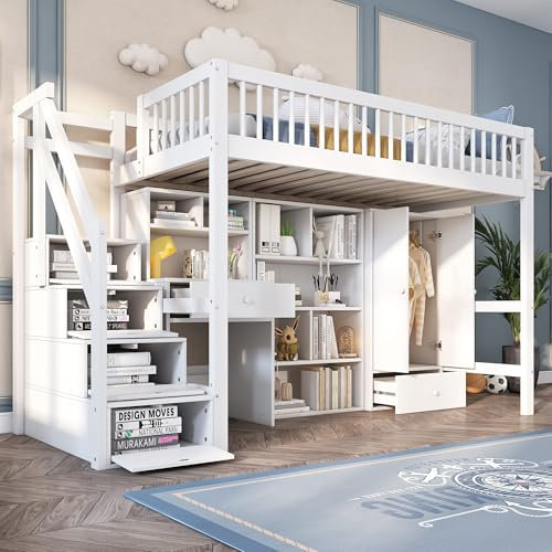 NQSLDM Hochbett 90x200 cm mit Kleiderschrank und Schreibtisch, Etagenbett mit Stauraumtreppe und Ablagefächern, Bettgestell mit Lattenrost, Stauraumbett für Kinder und Jugendliche, Weiß