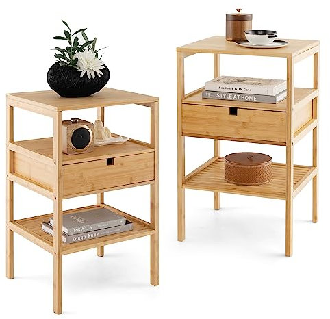 COSTWAY Table de Chevet en Bambou, Table de Nuit avec Tiroir et 3 Étagères, Chevet de Lit pour Chambre Adulte, Table d'Appoint Naturel, Bout de Canapé pour Salon, Masion, 40 x 40 x 68 cm (2)
