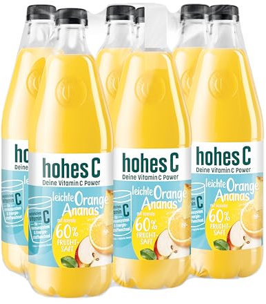 hohes C leichte Orange-Ananas 6x1,0l, Mehrfruchtsaft, 60% Fruchtsaft, 40% weniger Zucker, ohne Zuckerzusatz, ohne künstliche Süßstoffe, mit natürlichem Vitamin C