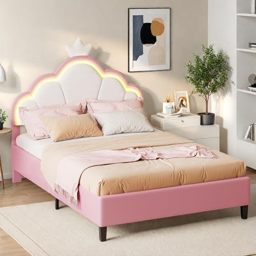 Lit Rembourré 90x200 cm pour Fille, Lit Simple avec Éclairage LED et Tête de Lit en Forme de Couronne, Lit d'Adolescent avec Sommier à Lattes, Lit de Princesse en Velours (90×200 cm)