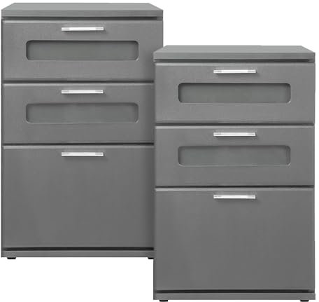 ML-Design Nachttisch 2er Set, Nachtkommode mit 3 Schubladen, oberste mit Glaseinsatz, Grau, 40x60x38 cm, aus Holz, Boxspringbett Nachtschrank Nachtkonsole Kommode, für Bett, Schlafzimmer oder Büro
