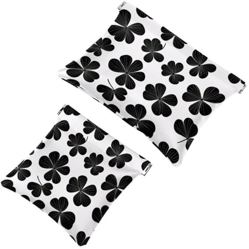 Small Pocket Cosmetic Bag, Squeeze Top Travel Makeup Bag for Purse, No Zipper Self-Closing Mini Makeup Pouch for Women Girls, Lucky Clover Leaves Pattern