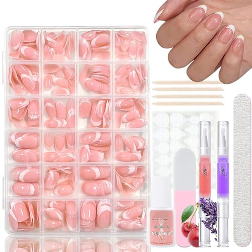 Virellay 360 Stück French Press on Nails Mandel Kurz, Alomnd Künstliche Nägel Zum Aufkleben French mit 2 Pcs Nagelöl Stift, Nail Tips Almond, Kurz Fake Nägel Französisch für Frauen DIY