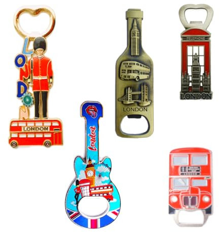 London Souvenir Bottle Openers Set – 5pcs British Icons Design – Magnetic Fridge Magnets Featuring Big Ben, Red Bus, Phone Box, Guard & Guitar – UK Souvenir Gift for Tourists