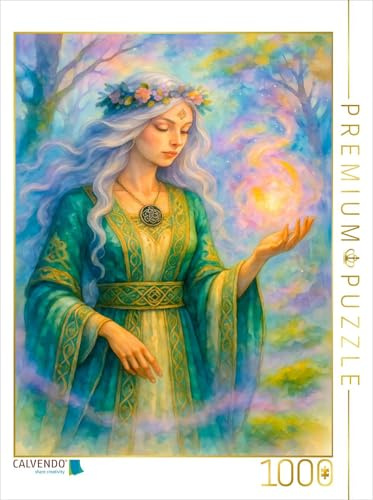 Puzzle · Keltische Druidin mit leuchtender Zauberkugel | Druidenmagie mit Symbolen, Farben und Lichtspirale · 1000 Teile · Lege-Größe 64 × 48 cm · CALVENDO Puzzle