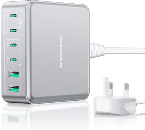 Rocoren 270W GaN USB C Fast Charger Block, 6-Port PD 100W QC4.0 PPS 2-Laptop Charging Station with 1.5m UK Cord, Compatible with MacBook Pro/Air, iPhone 15/16 Pro, Galaxy, Steam Deck, ASUS - Sliver